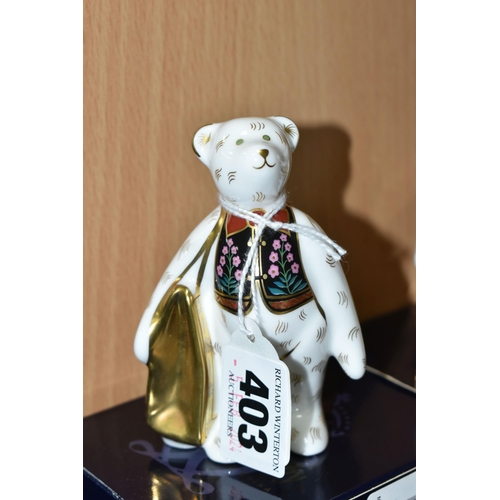 403 - SIX ROYAL CROWN DERBY MINIATURE TEDDIES 'SHOPPER BEAR' FIGURES, comprising Born to Shop at Goviers f... 