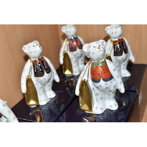 403 - SIX ROYAL CROWN DERBY MINIATURE TEDDIES 'SHOPPER BEAR' FIGURES, comprising Born to Shop at Goviers f... 