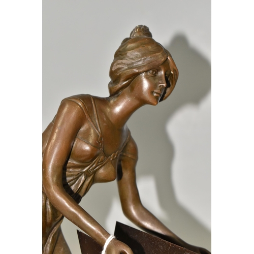 406 - A BRONZE SCULPTURE, 'Lady With a Book'  letter holder, height 39cm x width of marble base 27cm (1) (... 