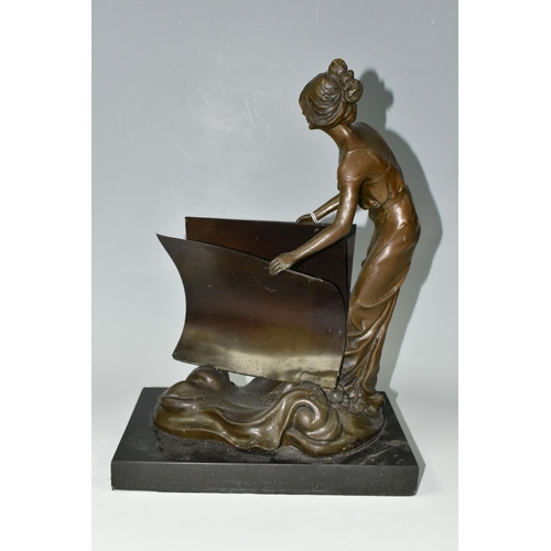 406 - A BRONZE SCULPTURE, 'Lady With a Book'  letter holder, height 39cm x width of marble base 27cm (1) (... 