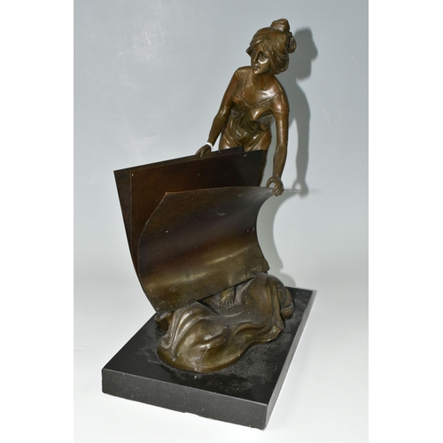 406 - A BRONZE SCULPTURE, 'Lady With a Book'  letter holder, height 39cm x width of marble base 27cm (1) (... 