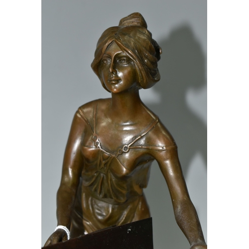 406 - A BRONZE SCULPTURE, 'Lady With a Book'  letter holder, height 39cm x width of marble base 27cm (1) (... 