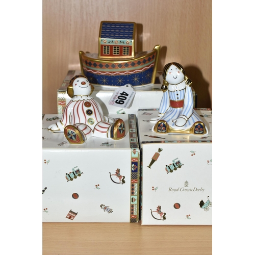 409 - THREE BOXED ROYAL CROWN DERBY 'TREASURES OF CHILDHOOD' FIGURINES, all with red printed marks and sta... 