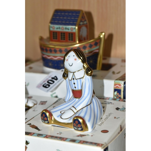 409 - THREE BOXED ROYAL CROWN DERBY 'TREASURES OF CHILDHOOD' FIGURINES, all with red printed marks and sta... 