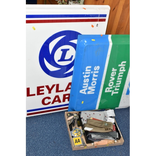 422 - TWO WALL MOUNTED PLASTIC GARAGE SIGNS, Leyland Cars and Austin Morris, Rover, Triumph, both c.1970's... 