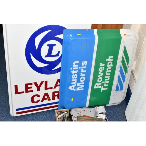 422 - TWO WALL MOUNTED PLASTIC GARAGE SIGNS, Leyland Cars and Austin Morris, Rover, Triumph, both c.1970's... 