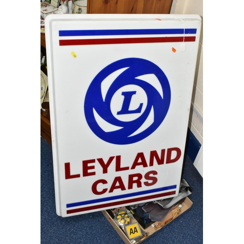 422 - TWO WALL MOUNTED PLASTIC GARAGE SIGNS, Leyland Cars and Austin Morris, Rover, Triumph, both c.1970's... 