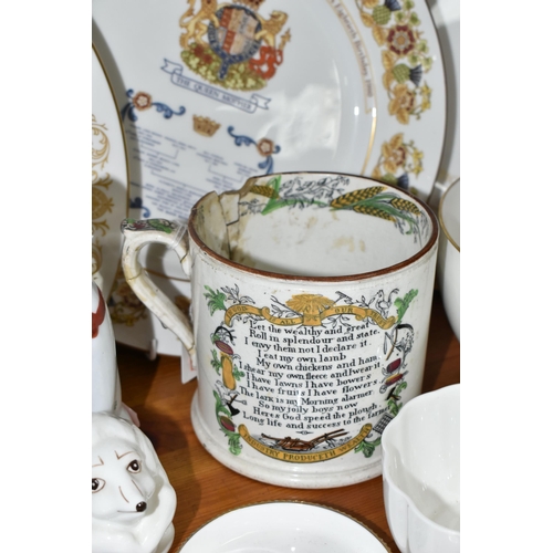 426 - A GROUP OF NAMED CERAMICS, comprising a 19th century Farmer's Arms mug 'Industry Produceth wealth'(b... 