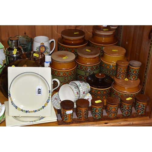 428 - A COLLECTION OF HORNSEA 'BRONTE' DESIGN KITCHEN CANNISTERS AND CLARICE CLIFF DESIGN PLATES, comprisi... 