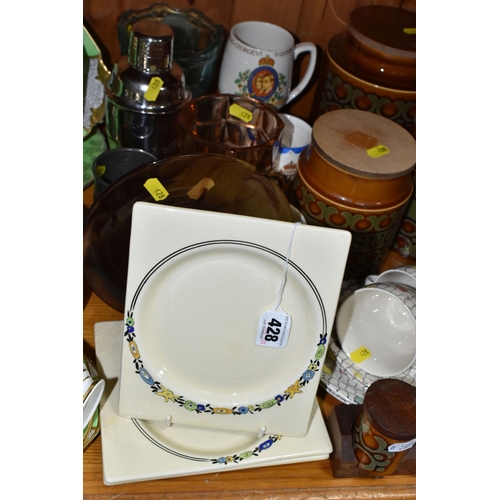 428 - A COLLECTION OF HORNSEA 'BRONTE' DESIGN KITCHEN CANNISTERS AND CLARICE CLIFF DESIGN PLATES, comprisi... 