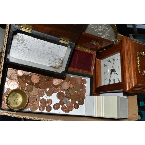 433 - ONE BOX OF MISCELLANEOUS SUNDRIES, to include a modern Seiko mantel clock, a wooden cigarette box, a... 