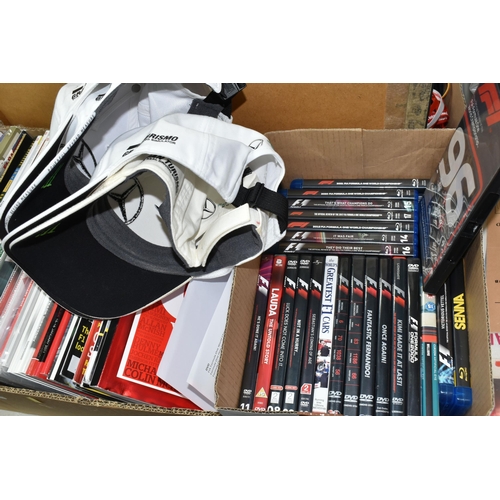 437 - FOUR BOXES & LOOSE OF FORMULA 1 EPHEMERA to include hardback books featuring James Hunt, Lewis Hamil... 