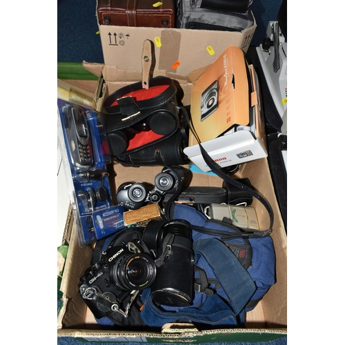 441 - TWO BOXES OF CAMERAS, EQUIPMENT AND BINOCULARS, to include a pair of Victorian opera glasses with a ... 