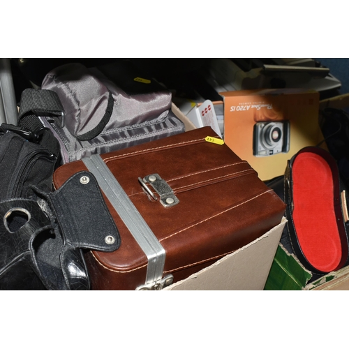 441 - TWO BOXES OF CAMERAS, EQUIPMENT AND BINOCULARS, to include a pair of Victorian opera glasses with a ... 