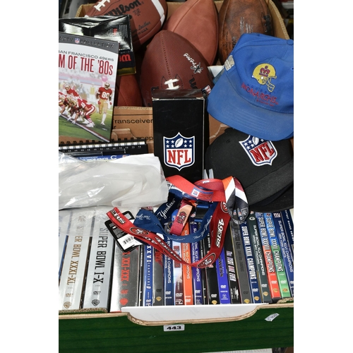 443 - A QUANTITY OF ASSORTED NFL MEMORABILIA, to include a collection of Superbowl and other DVDs, books, ... 