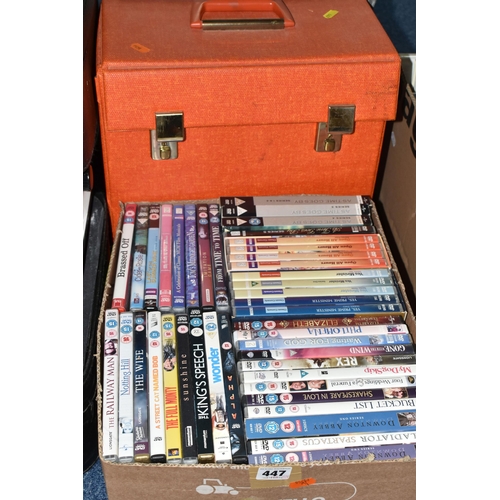 447 - ONE BOX AND TWO CASES OF LP RECORDS AND DVDS, to include approximately forty DVDs Yes Prime Minister... 