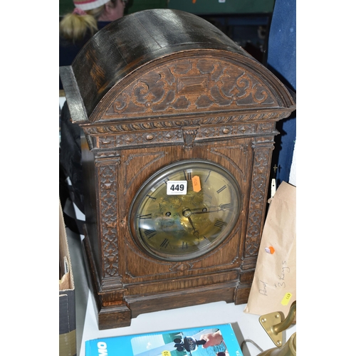 449 - A LARGE VICTORIAN GONG STRIKING TABLE CLOCK, oak cased, with three keys and pendulum, strikes on the... 