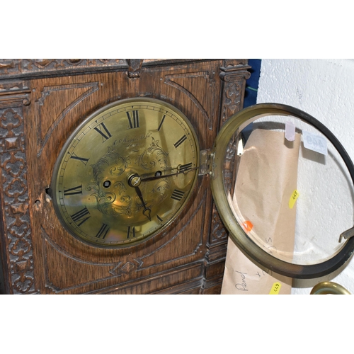 449 - A LARGE VICTORIAN GONG STRIKING TABLE CLOCK, oak cased, with three keys and pendulum, strikes on the... 