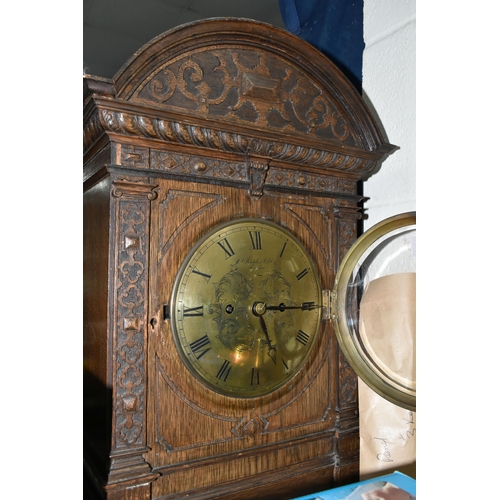 449 - A LARGE VICTORIAN GONG STRIKING TABLE CLOCK, oak cased, with three keys and pendulum, strikes on the... 