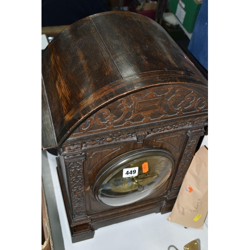 449 - A LARGE VICTORIAN GONG STRIKING TABLE CLOCK, oak cased, with three keys and pendulum, strikes on the... 