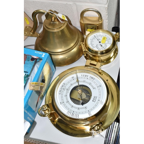 450 - A REPRODUCTION BRASS SHIP'S BELL, BULK HEAD BAROMETER AND LUMEX TELESCOPE, comprising an FCC precisi... 