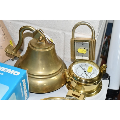 450 - A REPRODUCTION BRASS SHIP'S BELL, BULK HEAD BAROMETER AND LUMEX TELESCOPE, comprising an FCC precisi... 