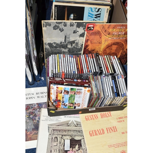 457 - TWO BOXES OF L.P RECORDS AND CDS, over fifty classical music CDs, artists include Debussy, Tchaikovs... 