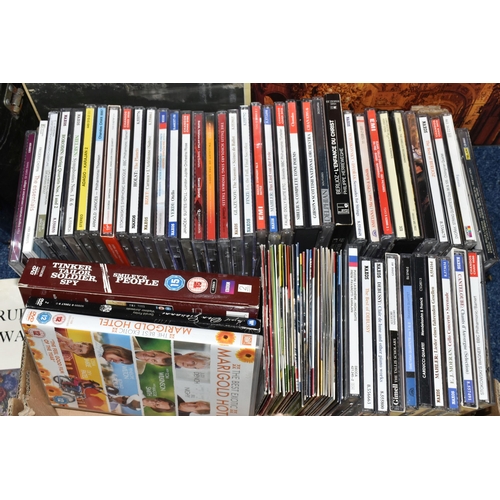 457 - TWO BOXES OF L.P RECORDS AND CDS, over fifty classical music CDs, artists include Debussy, Tchaikovs... 