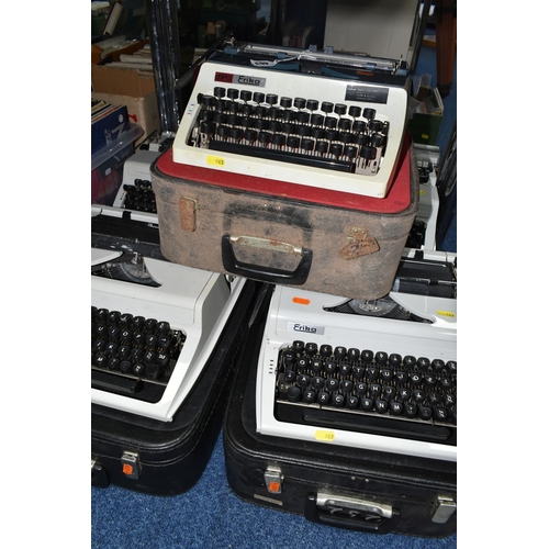 463 - FIVE ROBOTRON 'ERIKA' TYPEWRITERS, mechanical model No.105 made in GDR, with carry cases (5 + 5 case... 