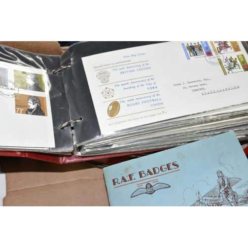 465 - ONE BOX OF EPHEMERA comprising an album of miscellaneous cigarette cards, full or part sets , a 1d a... 