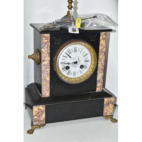 469 - A LATE 19TH CENTURY FRENCH BLACK SLATE MANTEL CLOCK, white enamel dial with gilt bezel, gilt finial ... 