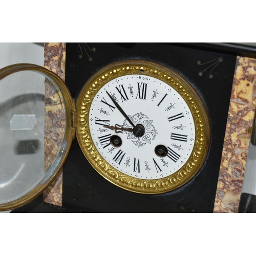 469 - A LATE 19TH CENTURY FRENCH BLACK SLATE MANTEL CLOCK, white enamel dial with gilt bezel, gilt finial ... 