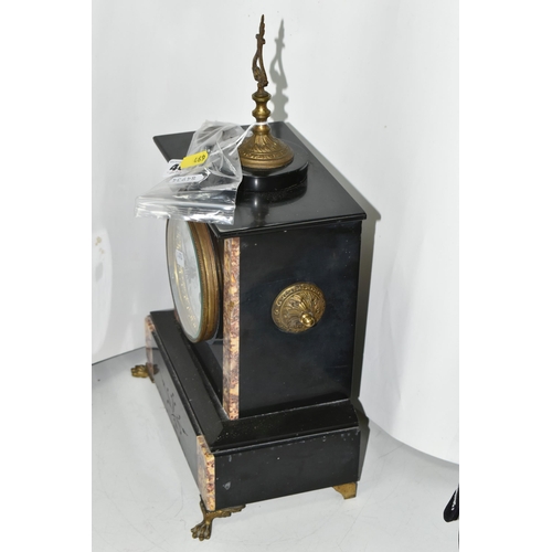 469 - A LATE 19TH CENTURY FRENCH BLACK SLATE MANTEL CLOCK, white enamel dial with gilt bezel, gilt finial ... 