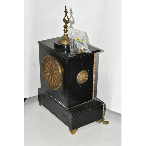 469 - A LATE 19TH CENTURY FRENCH BLACK SLATE MANTEL CLOCK, white enamel dial with gilt bezel, gilt finial ... 