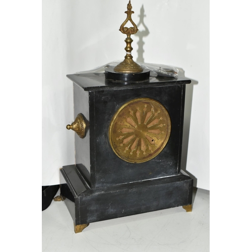 469 - A LATE 19TH CENTURY FRENCH BLACK SLATE MANTEL CLOCK, white enamel dial with gilt bezel, gilt finial ... 