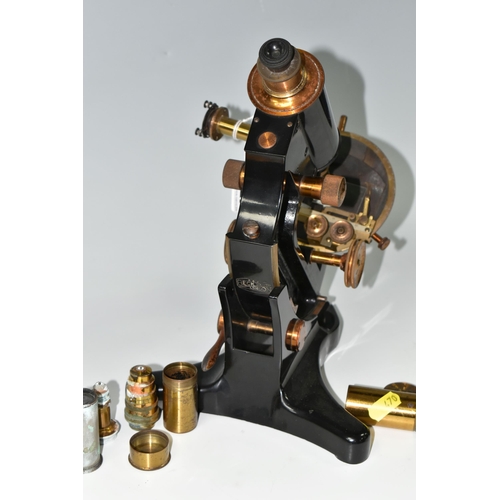 470 - A VICTORIAN MICROSCOPE, R & J Beck Ltd. London, together with five brass lens and two brass lens cas... 