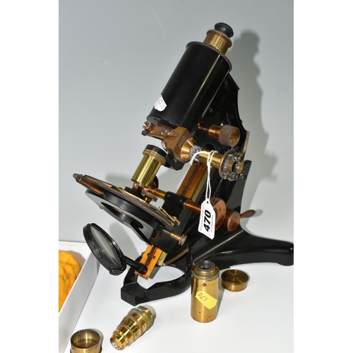 470 - A VICTORIAN MICROSCOPE, R & J Beck Ltd. London, together with five brass lens and two brass lens cas... 