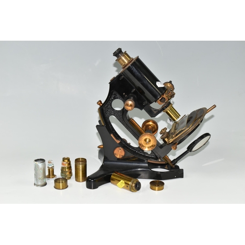 470 - A VICTORIAN MICROSCOPE, R & J Beck Ltd. London, together with five brass lens and two brass lens cas... 