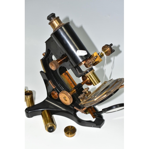 470 - A VICTORIAN MICROSCOPE, R & J Beck Ltd. London, together with five brass lens and two brass lens cas... 