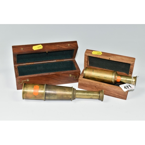 471 - TWO CASED BRASS NAUTICAL TELESCOPES, comprising a brass 'Stanley' three draw telescope stamped Stanl... 