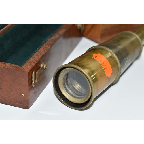 471 - TWO CASED BRASS NAUTICAL TELESCOPES, comprising a brass 'Stanley' three draw telescope stamped Stanl... 