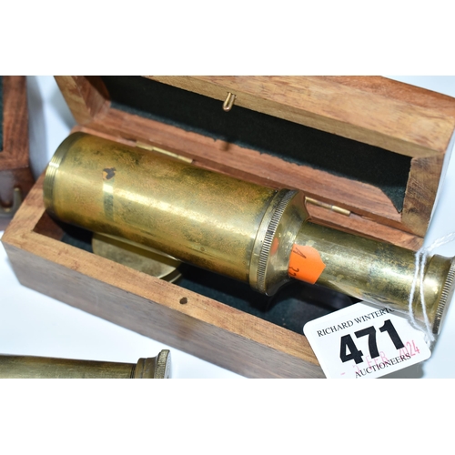 471 - TWO CASED BRASS NAUTICAL TELESCOPES, comprising a brass 'Stanley' three draw telescope stamped Stanl... 