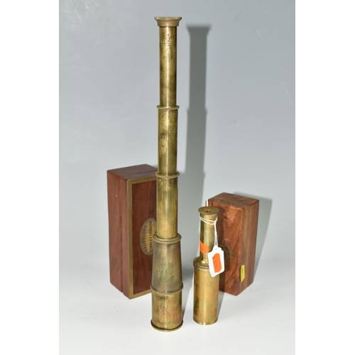 471 - TWO CASED BRASS NAUTICAL TELESCOPES, comprising a brass 'Stanley' three draw telescope stamped Stanl... 