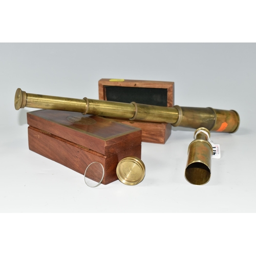 471 - TWO CASED BRASS NAUTICAL TELESCOPES, comprising a brass 'Stanley' three draw telescope stamped Stanl... 