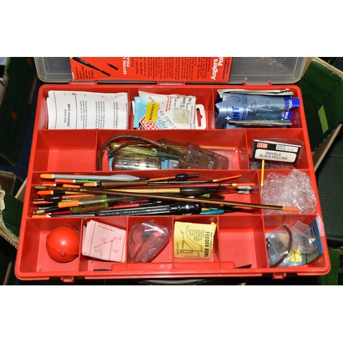 478 - A LARGE QUANTITY OF FISHING RODS AND TACKLE, comprising a seat, floats, hooks, bait boxes, a Storm R... 