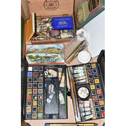 488 - A BOX OF VINTAGE ART MATERIALS, to include a Reeves tin watercolour box, with half pans, tubes, brus... 