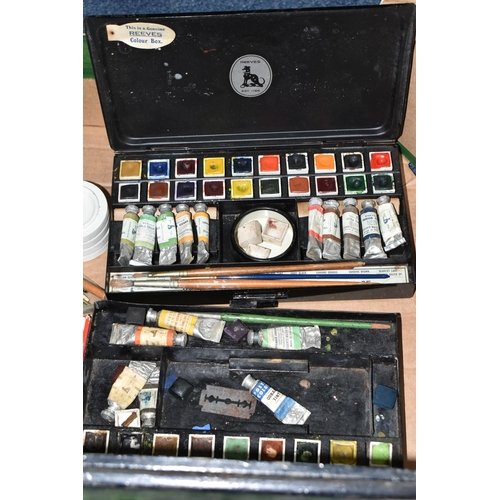 488 - A BOX OF VINTAGE ART MATERIALS, to include a Reeves tin watercolour box, with half pans, tubes, brus... 