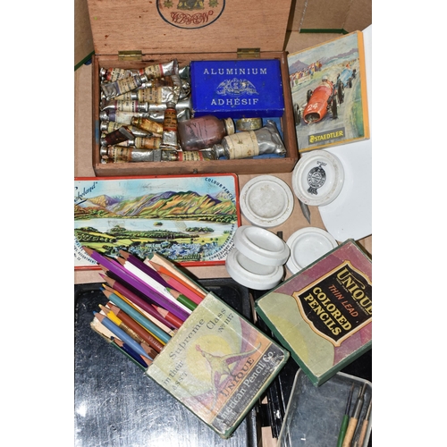 488 - A BOX OF VINTAGE ART MATERIALS, to include a Reeves tin watercolour box, with half pans, tubes, brus... 