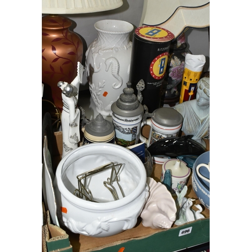 496 - TWO BOXES AND LOOSE CERAMICS, GLASS, LAMPS AND SUNDRY ITEMS, to include a boxed Ritzenhoff designer ... 