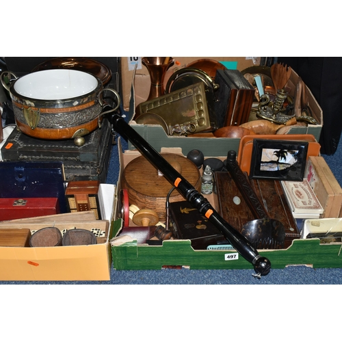 497 - THREE BOXES AND LOOSE TREEN AND METAL WARES, to include a small wooden chest length 50cm x depth 25c... 